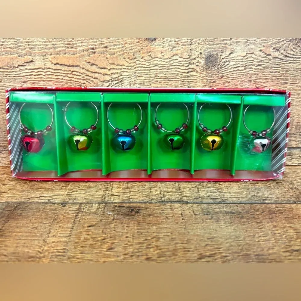 NEW Pier 1 Imports Set 6 Drink Charms Christmas Jingle Bells Holiday Wine Party